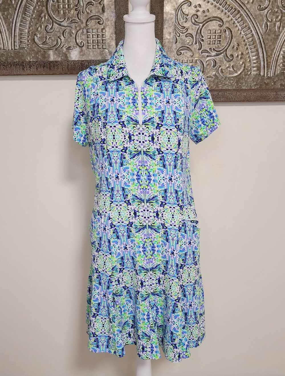 IBKUL Women’s Godet Naomi Print Blue & Green Golf Athletic Dress Small SPF 50+